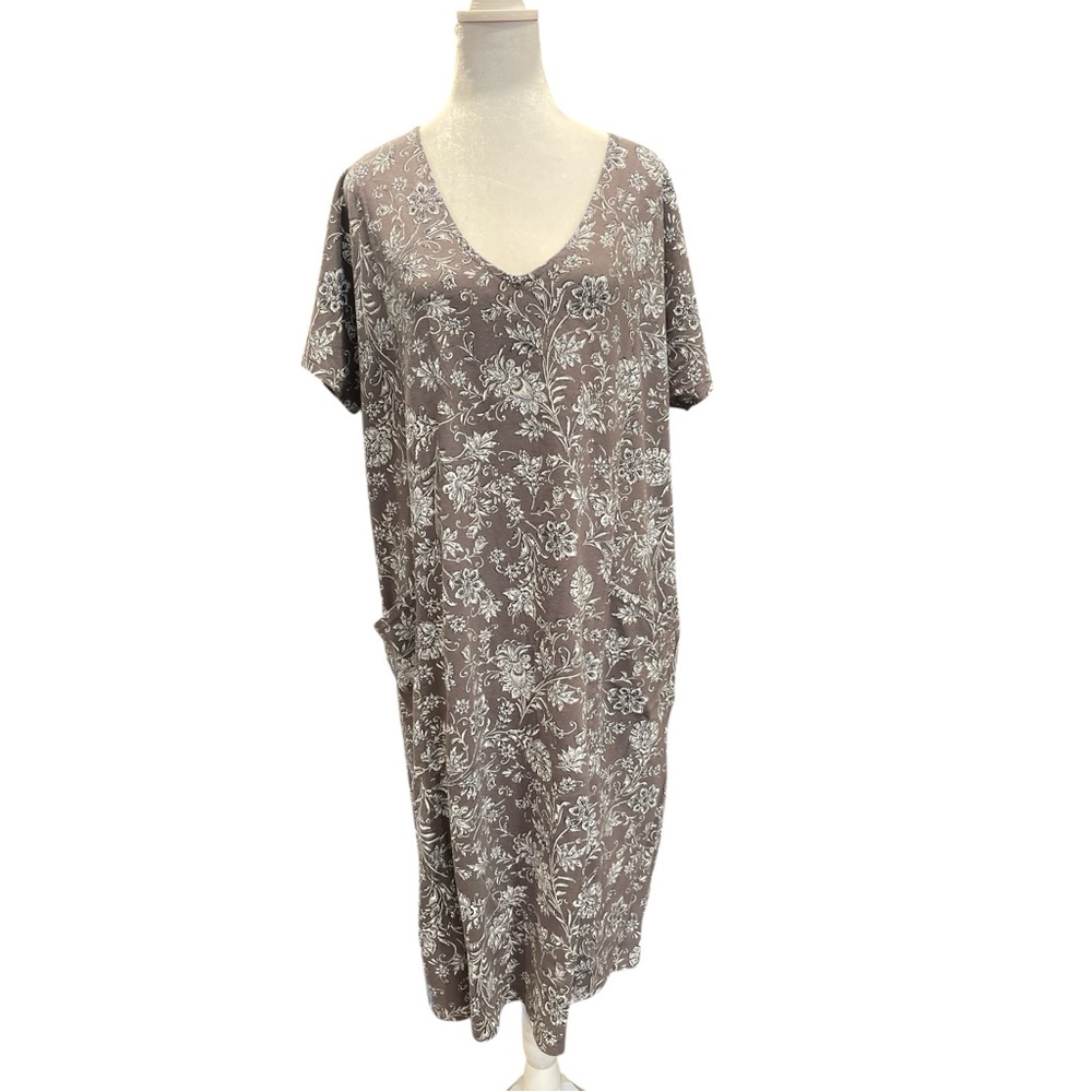 Pure Jill XL Taupe Floral Cotton Knit Midi Dress Pockets Relaxed - Picture 2 of 6